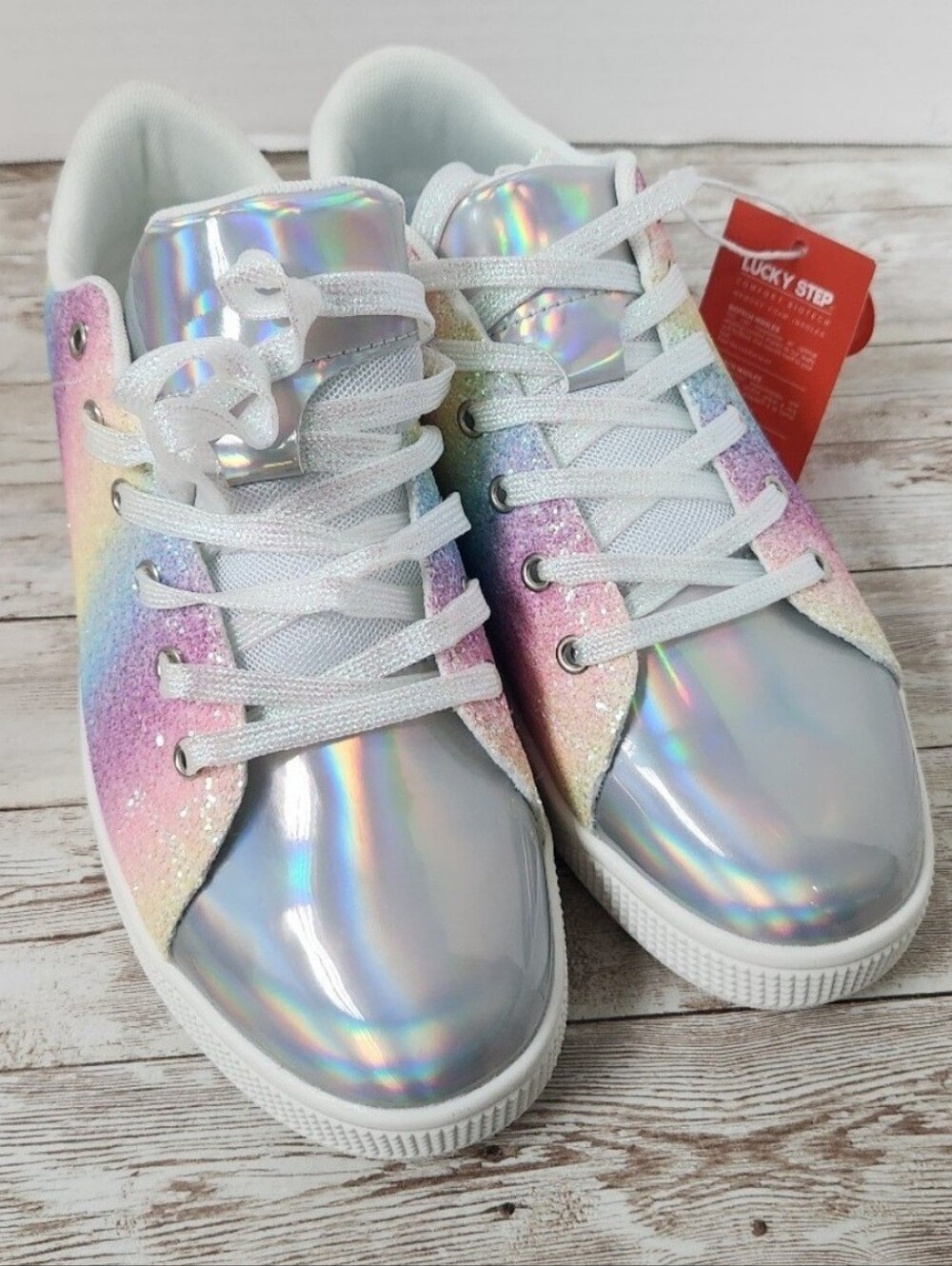 LUCKY STEP White and Glitter Iridescent Chunky Platform Sneakers Shoes Sz 10 Y2K